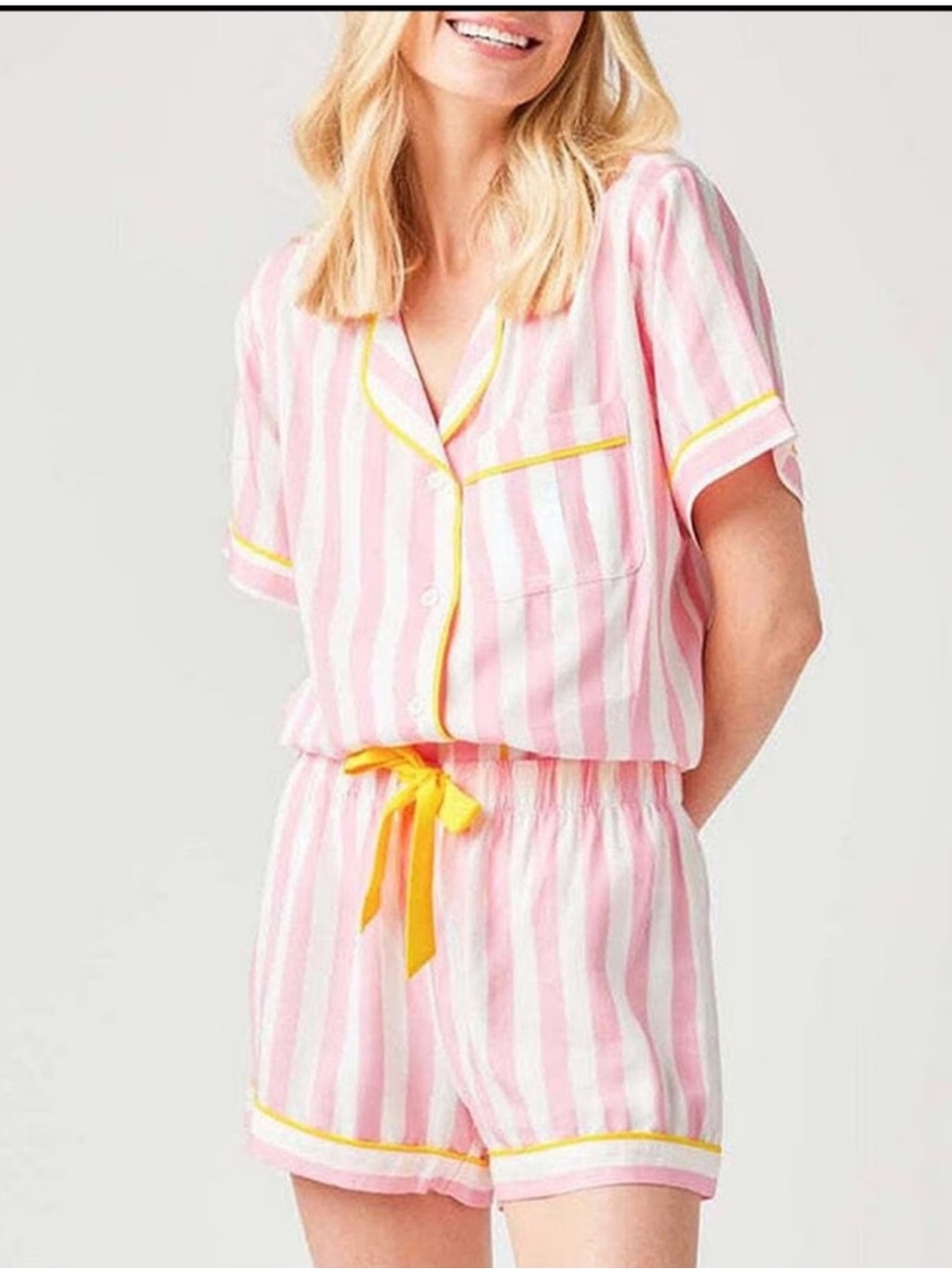KATIE KIME Retro Stripe Woven Shorty Pajama Set Pink/White Size Approx 2XL/3XL